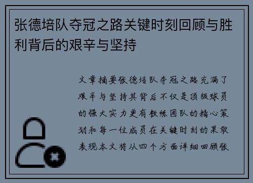 张德培队夺冠之路关键时刻回顾与胜利背后的艰辛与坚持