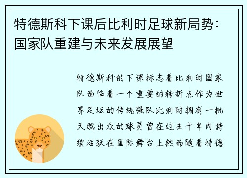 特德斯科下课后比利时足球新局势：国家队重建与未来发展展望