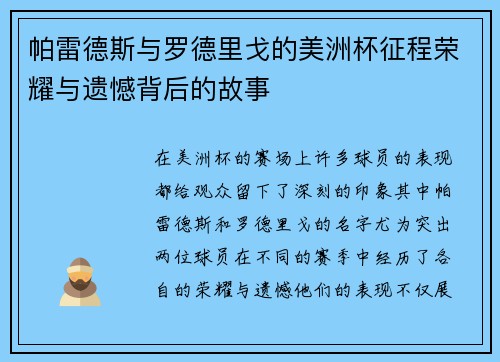 帕雷德斯与罗德里戈的美洲杯征程荣耀与遗憾背后的故事 帕雷德斯与罗德里戈的美洲杯征程荣耀与遗憾背后的故事