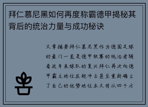 拜仁慕尼黑如何再度称霸德甲揭秘其背后的统治力量与成功秘诀